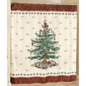 Spode Tree Shower Curtain Tartan Plaid Christmas Ornaments Presents Holiday NEW